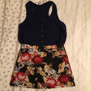 Quilt stitching mini floral skirt - L